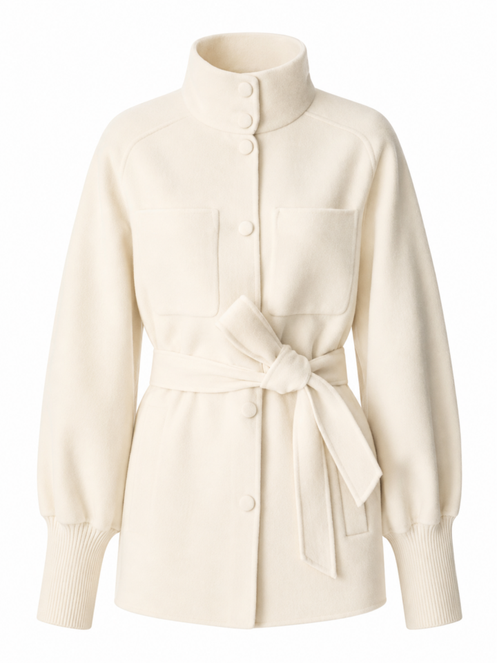 Cream Stand Collar Belted Jacket with Ribbed Cuffs
