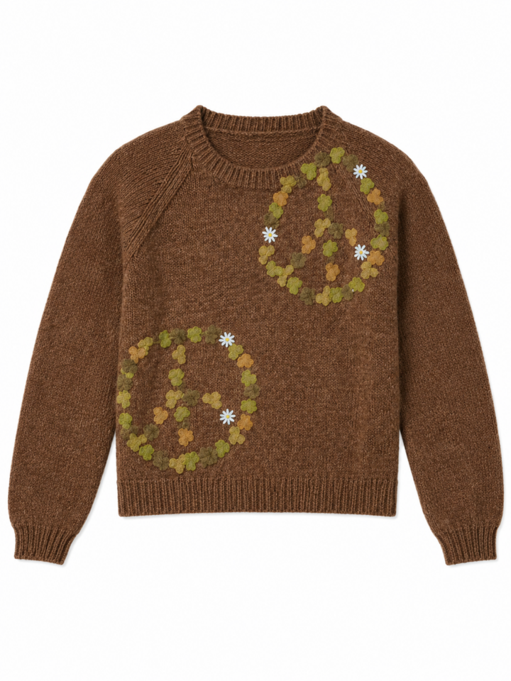 Brown Floral Appliqué Knit Sweater