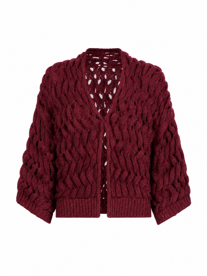 Burgundy Cable Knit Cropped Cardigan
