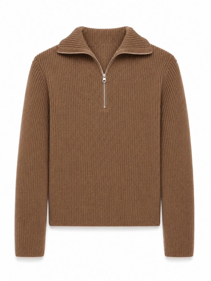Brown Ribbed Knit Quarter-Zip Pullover Sweater