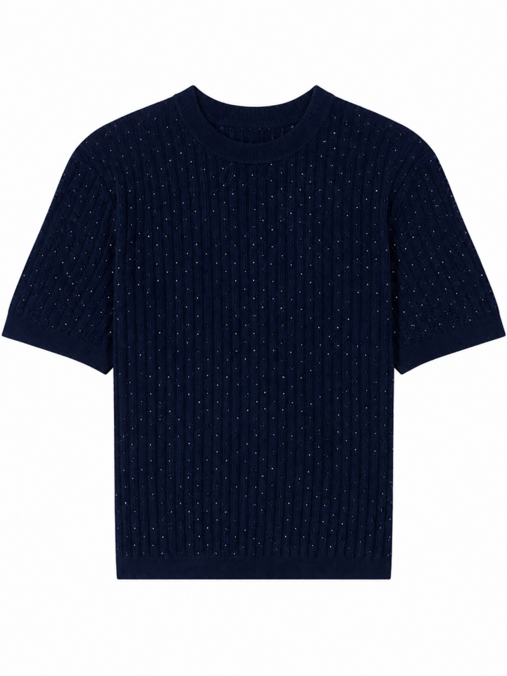 Navy Cable-Knit Short-Sleeve Top